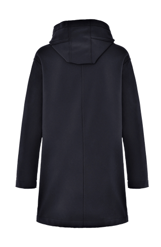 Damen-Parka-Mantel aus edlem Softshellmaterial mit geradem Schnitt, verborgenem Reißverschluss mit Druckknopfleiste, zwei Seitentaschen und zwei Innentaschen. Oversize Schnitt für eine locker fallende Passform. Wählen Sie Ihre gewöhnliche Größe. In der Farbe Dunkelblau (Farbe: midnight).