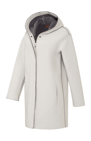 Damen-Parka-Mantel aus edlem Softshellmaterial mit geradem Schnitt, verborgenem Reißverschluss mit Druckknopfleiste, zwei Seitentaschen und zwei Innentaschen. Oversize Schnitt für eine locker fallende Passform. Wählen Sie Ihre gewöhnliche Größe. In der Farbe Beige (Farbe: sandstone).