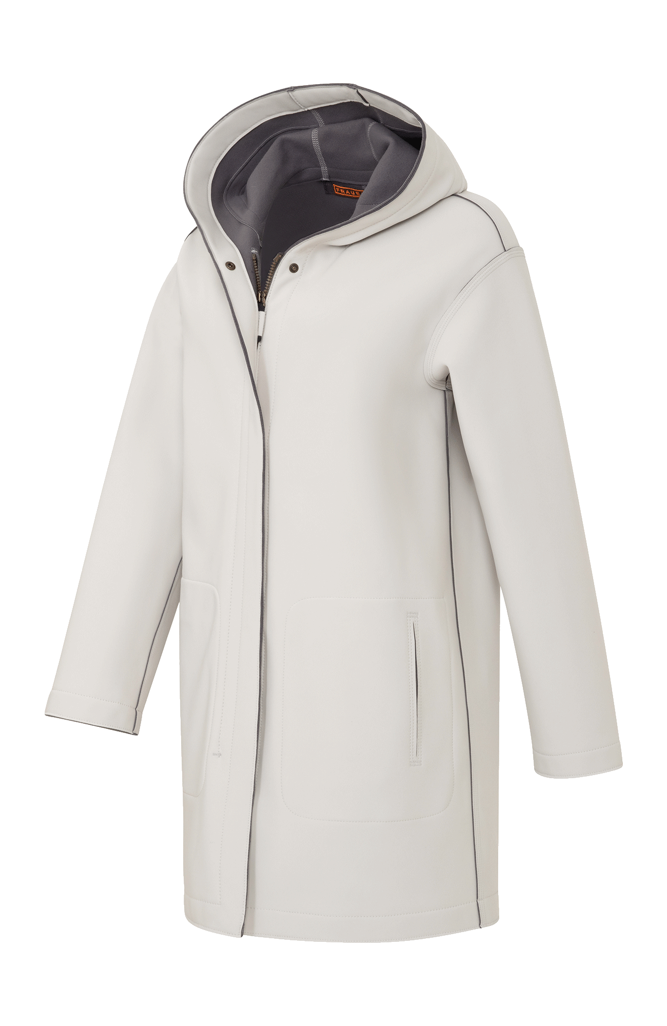 Damen-Parka-Mantel aus edlem Softshellmaterial mit geradem Schnitt, verborgenem Reißverschluss mit Druckknopfleiste, zwei Seitentaschen und zwei Innentaschen. Oversize Schnitt für eine locker fallende Passform. Wählen Sie Ihre gewöhnliche Größe. In der Farbe Beige (Farbe: sandstone).