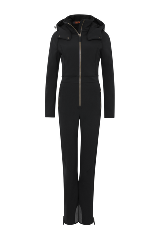 Performance Ski-Overall Kate-S aus Schöller Softshell, enganliegende Passform, Taillenbetonung durch angedeuteten Gürtel, abnehmbare Kapuze, Oberkörper gefüttert, markanter Zip, zwei Taschen mit markantem Zip, Skipasstasche mit nahtfeinem Zip, klassische Frauenschuh Features wie Kantenschutz aus Alcantara-Leder, enganliegende Ärmelbündchen und Schneefang. Robustes, elastisches Material, wasser- und windabweisend, ideal für die Skipiste. In der Farbe Schwarz (Farbe: black)