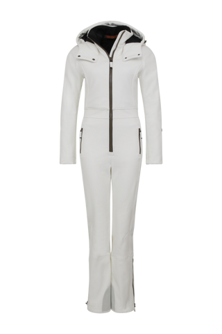 Performance Ski-Overall Kate-S aus Schöller Softshell, enganliegende Passform, Taillenbetonung durch angedeuteten Gürtel, abnehmbare Kapuze, Oberkörper gefüttert, markanter Zip, zwei Taschen mit markantem Zip, Skipasstasche mit nahtfeinem Zip, klassische Frauenschuh Features wie Kantenschutz aus Alcantara-Leder, enganliegende Ärmelbündchen und Schneefang. Robustes, elastisches Material, wasser- und windabweisend, ideal für die Skipiste. In der Farbe Hellgrau (Farbe: cloud)