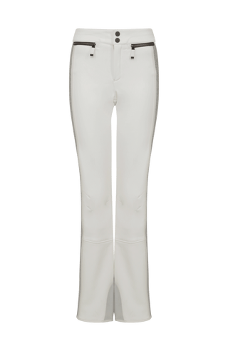Performance Skihose SerafinaMulti-S aus Schöller Softshell, figurbetont mit leicht ausgestelltem Bein, Lodenstreifen an der Seite, zwei markante Taschen mit Zip, klassische Frauenschuh Features wie Kantenschutz aus Alcantara-Leder, Sicherheitsdruckknöpfe, Knieabnäher und Schneefang. Robustes, elastisches Material, wasser- und windabweisend, ideal zum Skifahren oder Schneewandern. In der Farbe Weiß (Farbe: cloud)
