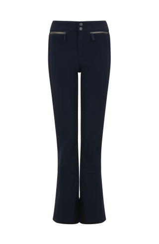 Performance Skihose SerafinaMulti-S aus Schöller Softshell, figurbetont mit leicht ausgestelltem Bein, Lodenstreifen an der Seite, zwei markante Taschen mit Zip, klassische Frauenschuh Features wie Kantenschutz aus Alcantara-Leder, Sicherheitsdruckknöpfe, Knieabnäher und Schneefang. Robustes, elastisches Material, wasser- und windabweisend, ideal zum Skifahren oder Schneewandern. In der Farbe Dunkelblau (Farbe: midnight)