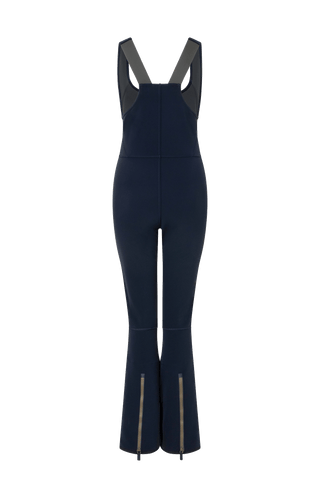 Ski-Catsuit Davina2.0-S im Latzhosen-Stil ohne Ärmel, schmaler figurbetonter Schnitt mit ausgestelltem Bein, femininer Bustier-Ausschnitt, Streifen an den Beinaußenseiten aus Alcantara-Leder, Träger hinten aus elastischem Gummi, ergonomisches Knie, markanter langer Zipper, auffallende Nähte, Seitentaschen mit Zip, Kantenschutz aus Alcantara-Leder und Schneefang. Enganliegend, feminin, betont Silhouette und Bewegungsfreiheit. In der Farbe Dunkelblau (Farbe: midnight)