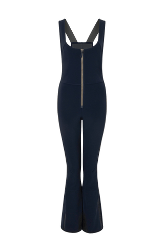 Ski-Catsuit Davina2.0-S im Latzhosen-Stil ohne Ärmel, schmaler figurbetonter Schnitt mit ausgestelltem Bein, femininer Bustier-Ausschnitt, Streifen an den Beinaußenseiten aus Alcantara-Leder, Träger hinten aus elastischem Gummi, ergonomisches Knie, markanter langer Zipper, auffallende Nähte, Seitentaschen mit Zip, Kantenschutz aus Alcantara-Leder und Schneefang. Enganliegend, feminin, betont Silhouette und Bewegungsfreiheit. In der Farbe Dunkelblau (Farbe: midnight)