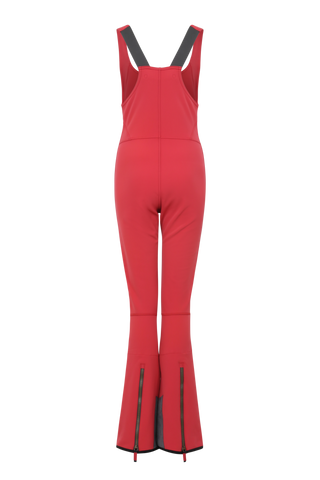 Ski-Catsuit Davina2.0-S im Latzhosen-Stil ohne Ärmel, schmaler figurbetonter Schnitt mit ausgestelltem Bein, femininer Bustier-Ausschnitt, Streifen an den Beinaußenseiten aus Alcantara-Leder, Träger hinten aus elastischem Gummi, ergonomisches Knie, langer Zipper, auffallende Nähte, Seitentaschen mit Zip, Kantenschutz aus Alcantara-Leder und Schneefang. Enganliegend, feminin, betont Silhouette und Bewegungsfreiheit. In der Farbe Rot (Farbe: poppy)