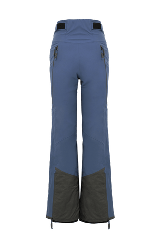 Damen-Skitourenhose aus atmungsaktivem, wind- und wasserfestem 3-Layer-Material mit RECCO®-System, verschweißten Nähten, seitlichen Bein-Zippern, Schneefang, robustem Kantenschutz aus Alcantara-Leder und lockerem Schnitt. In der Farbe Blau (Farbe: denim)