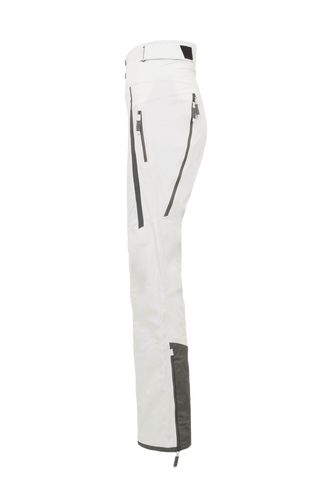 Damen-Skitourenhose aus atmungsaktivem, wind- und wasserfestem 3-Layer-Material mit RECCO®-System, verschweißten Nähten, seitlichen Bein-Zippern, Schneefang, robustem Kantenschutz aus Alcantara-Leder und lockerem Schnitt. In der Farbe Weiß (Farbe: glacier)