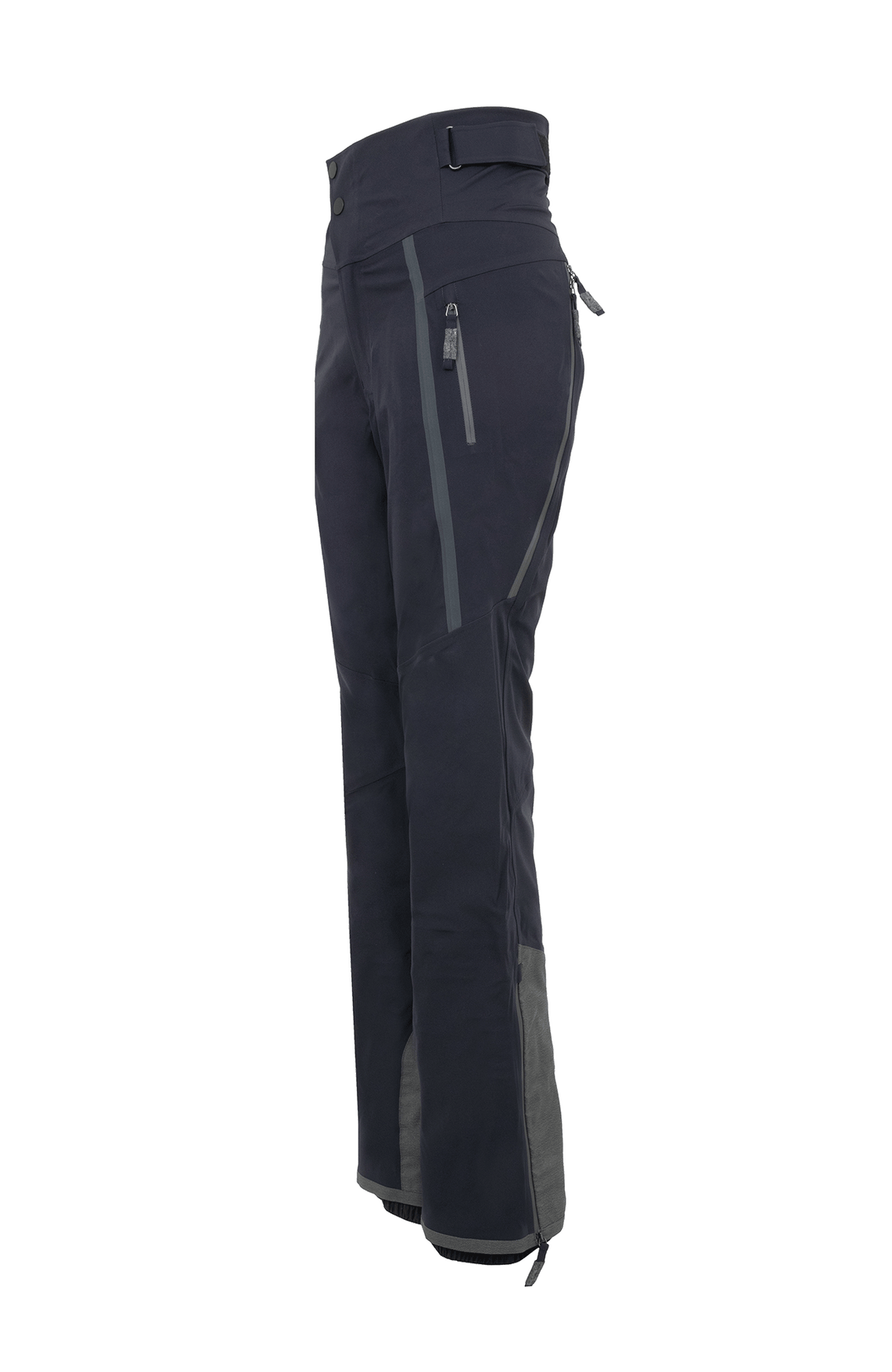Damen-Skitourenhose aus atmungsaktivem, wind- und wasserfestem 3-Layer-Material mit RECCO®-System, verschweißten Nähten, seitlichen Bein-Zippern, Schneefang, robustem Kantenschutz aus Alcantara-Leder und lockerem Schnitt. In der Farbe dunkelblau (Farbe: midnight)