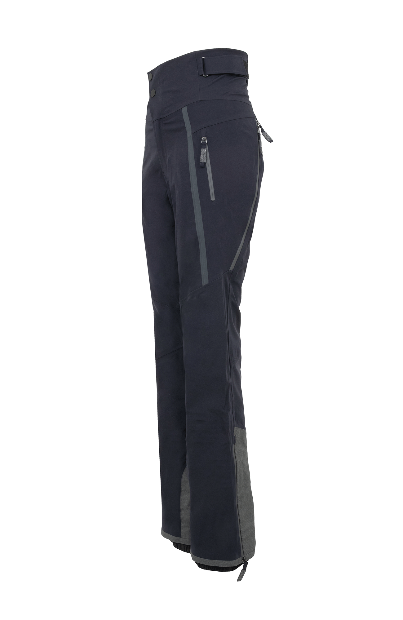 Damen-Skitourenhose aus atmungsaktivem, wind- und wasserfestem 3-Layer-Material mit RECCO®-System, verschweißten Nähten, seitlichen Bein-Zippern, Schneefang, robustem Kantenschutz aus Alcantara-Leder und lockerem Schnitt. In der Farbe dunkelblau (Farbe: midnight)