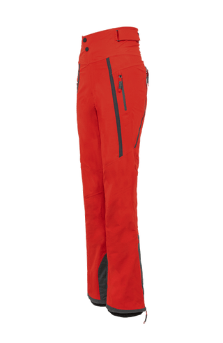 Damen-Skitourenhose aus atmungsaktivem, wind- und wasserfestem 3-Layer-Material mit RECCO®-System, verschweißten Nähten, seitlichen Bein-Zippern, Schneefang, robustem Kantenschutz aus Alcantara-Leder und lockerem Schnitt. In der Farbe Rot (Farbe: ruby)