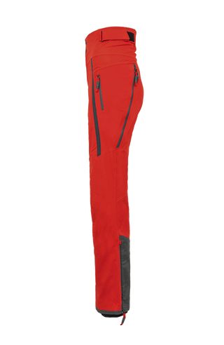 Damen-Skitourenhose aus atmungsaktivem, wind- und wasserfestem 3-Layer-Material mit RECCO®-System, verschweißten Nähten, seitlichen Bein-Zippern, Schneefang, robustem Kantenschutz aus Alcantara-Leder und lockerem Schnitt. In der Farbe Rot (Farbe: ruby)