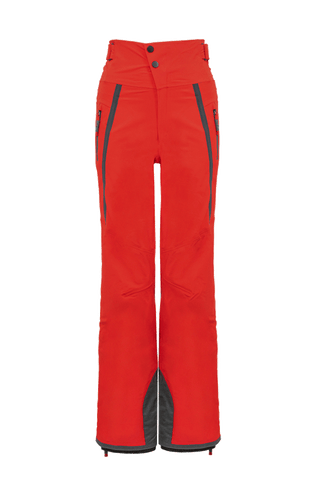 Damen-Skitourenhose aus atmungsaktivem, wind- und wasserfestem 3-Layer-Material mit RECCO®-System, verschweißten Nähten, seitlichen Bein-Zippern, Schneefang, robustem Kantenschutz aus Alcantara-Leder und lockerem Schnitt. In der Farbe Rot (Farbe: ruby)