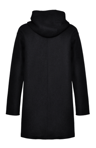 Lässiger 2-in-1 Wendekurzmantel Olivia-WD aus Wool Double in Bi-Color-Optik, gerade legere Passform mit leichtem Oversize Look, offenkantige Nahtverarbeitung, angeschnittene Kapuze, überschnittene Schulterpartie, verdeckte handangenähte Metalldruckknöpfe und zwei aufgesetzte Taschen. In der Farbe Schwarz und Dunkelblau (Farbe: black)