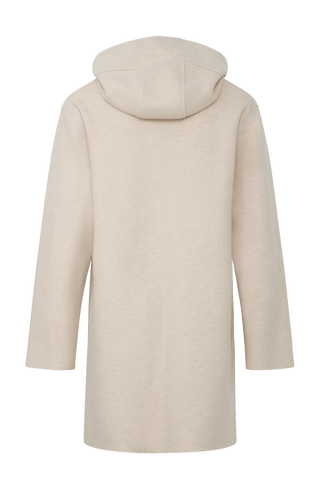 Lässiger 2-in-1 Wendekurzmantel Olivia-WD aus Wool Double in Bi-Color-Optik, gerade legere Passform mit leichtem Oversize Look, offenkantige Nahtverarbeitung, angeschnittene Kapuze, überschnittene Schulterpartie, verdeckte handangenähte Metalldruckknöpfe und zwei aufgesetzte Taschen. In der Farbe Beige (Farbe: caramel)