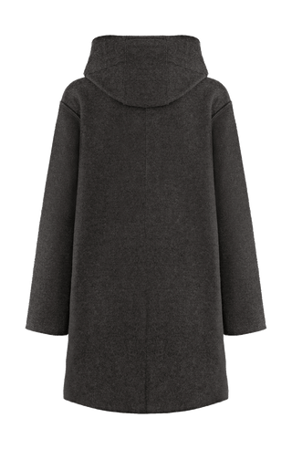 Lässiger 2-in-1 Wendekurzmantel Olivia-WD aus Wool Double in Bi-Color-Optik, gerade legere Passform mit leichtem Oversize Look, offenkantige Nahtverarbeitung, angeschnittene Kapuze, überschnittene Schulterpartie, verdeckte handangenähte Metalldruckknöpfe und zwei aufgesetzte Taschen. In der Farbe Flanellgrau (Farbe: flanellgrey)