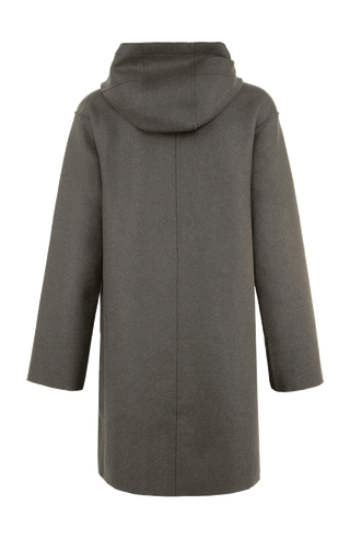 Lässiger 2-in-1 Wendekurzmantel Olivia-WD aus Wool Double in Bi-Color-Optik, gerade legere Passform mit leichtem Oversize Look, offenkantige Nahtverarbeitung, angeschnittene Kapuze, überschnittene Schulterpartie, verdeckte handangenähte Metalldruckknöpfe und zwei aufgesetzte Taschen. In der Farbe Hellgrau (Farbe: hay)