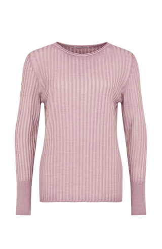 Locker geschnittener Damen-Rundhalspullover in rose, Modell 406601 CameliaDyed-RB- Vorderansicht. Weiches Material mit geripptem Saum und Ärmelbündchen.