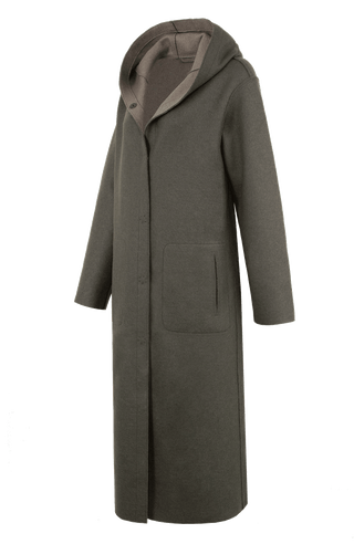 Wendbarer Damen-Wollmantel in Bi-Color mit Kapuze, Farbe Hay