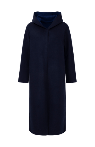 Wendbarer Damen-Wollmantel in Bi-Color mit Kapuze, Farbe Midnight
