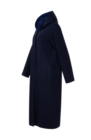 Wendbarer Damen-Wollmantel in Bi-Color mit Kapuze, Farbe Midnight